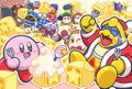 Illustration from the Kirby JP Twitter featuring characters eating Star Block cakes