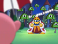 Parasol Kirby facing King Dedede and several Drifters (Kirby: Right Back at Ya!)
