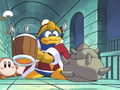 King Dedede discovers Escargoon hiding in his new shell, but thinks it to be a giant sea snail.