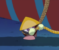 Sasuke launches itself at Kirby using the giant rocket.