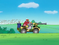 King Dedede and Escargoon attempting to escape a swarm of angry bees using the Armored Vehicle