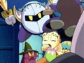 Meta Knight defends Tiff and Tuff from the horde.