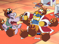 The angry Scarfies attack King Dedede and Escargoon.
