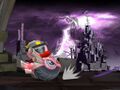Kirby riding Wheelie to a dark castle