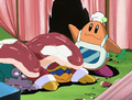 Chef Kawasaki mocks King Dedede and Escargoon, who have been showered by ribbons of Susshi's tail.