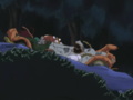 King Dedede and Escargoon flee back to the castle in their wrecked racecar.
