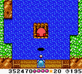 Kirby leaps onto the first raft he sees.