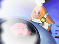 Kawasaki gives Kirby a "hot bath" in his boiling pot.