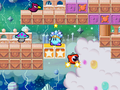 Kirby and Waddle Doo traverse through the clouds.
