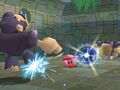 Kirby and Knuckle Joe fighting two Bonkers from Kirby for Nintendo GameCube