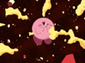 eNeMeE destroys one of the floating food items in Kirby's dream, making him cringe in pain.