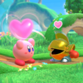 Kirby about to use a Friend Heart on Sir Kibble