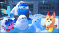 Picture of the main mode credits, showing Wild Frosty building snow creatures with others
