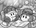 Illustration of Waddle Dee showing Kirby the news from Kirby and the Search for the Dreamy Gears!.