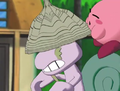 Kirby accidentally plops a bees nest on Escargoon's head.