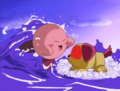 Kirby reunites with his pet in the water.