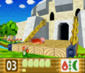 Kirby crosses the drawbridge into King Dedede's castle with a flaming sword