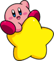 Promotional stock artwork of Kirby on a Warp Star