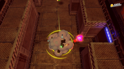 Kirby dodging a Foley explosion as the crusher walls move in