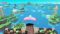 Arch Mouth Kirby soaring into a wide vista containing an archipelago