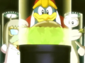 Doctor Moro shows King Dedede and Escargoon the eggs he is incubating.