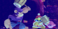 Main Mode credits picture from Kirby's Return to Dream Land, featuring Kirby and King Dedede guarding Bonkers' attack