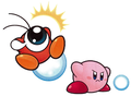 Kirby Super Star Ultra artwork of Kirby using his Normal Beam on a Waddle Doo helper