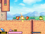 Sword Kirby with the effects of an Invincibility Candy, going through many enemies
