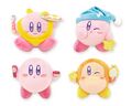 Mini plushies of Kirby and Waddle Dee from the "Kirby Happy Morning" merchandise line (2024)