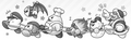 Kirby, Meta Knight, Bandana Waddle Dee, Chef Kawasaki, Burning Leo, Chilly and King Dedede (table of contents illustration)