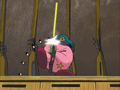 Japanese-only scene where Kirby fires a machine gun in the police station