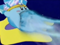 Ice Kirby swallows Flame Feeder after shrinking it down in Tourist Trap. (Kirby: Right Back at Ya!)