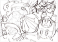 Original sketch of the previous artwork, where the Halberd is drawn very simply, behind Meta Knight