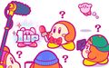 Illustration from the Kirby JP Twitter featuring the Channel PPP Crew interviewing a 1-Up, mistaking it for Kirby