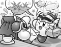 Sword Hero Kirby forcing Meta Knight to take care of some chores, in Kirby: Super Team Kirby's Big Battle!