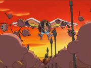 Several spear-wielding Waddle Dees being tided over by Dyna Blade in Waddle While You Work