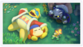 A butterfly appears alongside Bandana Waddle Dee, King Dedede and Meta Knight in this ending illustration from Guest Star ???? Star Allies Go!