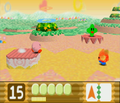 Kirby walks a path through a colorful plain that is familiar in layout.