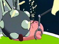 Kirby spits out all the chips he ate after he is hit with an iron ball that was meant to kill him.