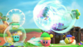 Magolor and Gooey racing Kirby and Bandana Waddle Dee to a Zap Weapon in Kirby Fighters 2