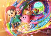 The "Chasing Our Dreams" Celebration Picture from Kirby Star Allies has an Enemy Info Card in the swirling vortex of paint