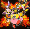 Wrestler Kirby and Bandana Waddle Dee challenging King Dedede & Meta Knight.