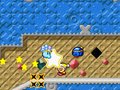 Kirby rides through blocks and enemies on a Warp Star.