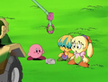 Dedede deposits Blocky to deal with Kirby.