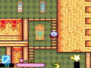 Ice Kirby going down a ladder, as he makes his way through the castle