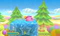 Kirby floating above a cube of water in the lumberjack section