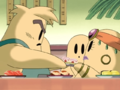 Gus and Mabel fight over a sushi plate.