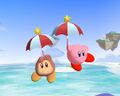 Parasol Waddle Dee gliding with Kirby in the canceled Kirby for Nintendo GameCube