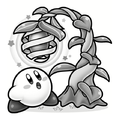 Illustration of Kirby standing beside a Miracle Fruit vine from Kirby and the Big Panic in Gloomy Woods!