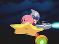 Kirby dodges the attacks from the baton-wielding rider.